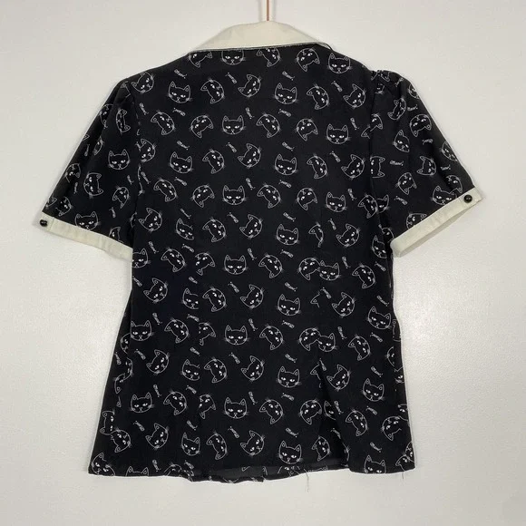 Hell Bunny Shirt Womens Medium Black Cat Print Short Sleeve Button Top Novelty - Picture 5 of 13